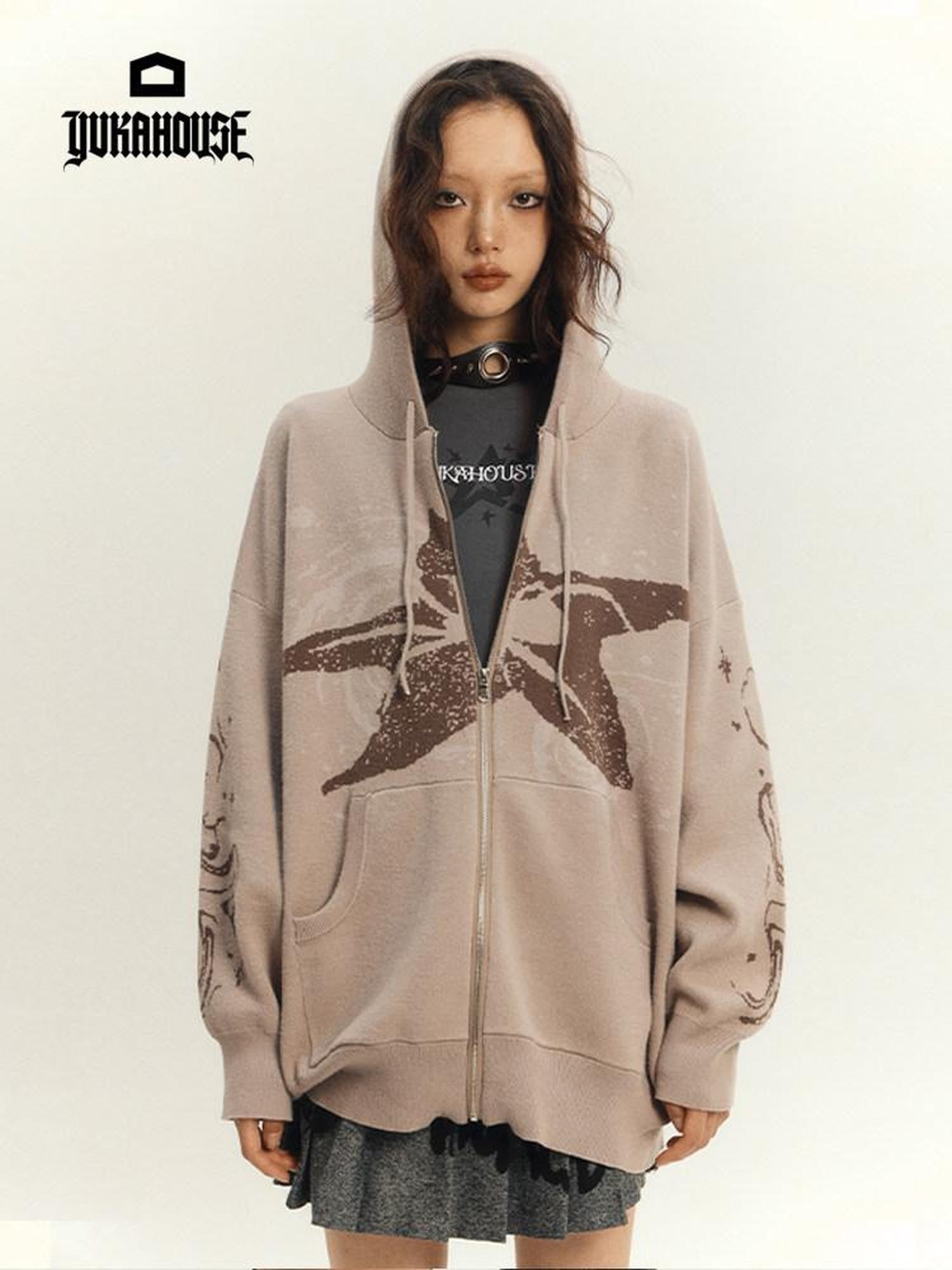 YUKAHOUSE Khaki Stand Collar Knit Loose Pocket Women's Viscose Blend Zip-up Hoodies