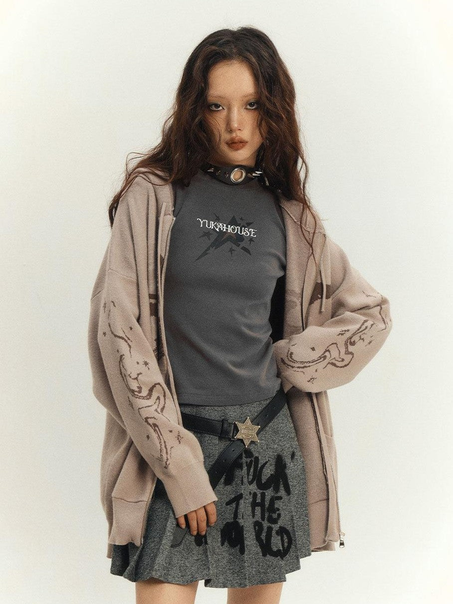 YUKAHOUSE Khaki Stand Collar Knit Loose Pocket Women's Viscose Blend Zip-up Hoodies