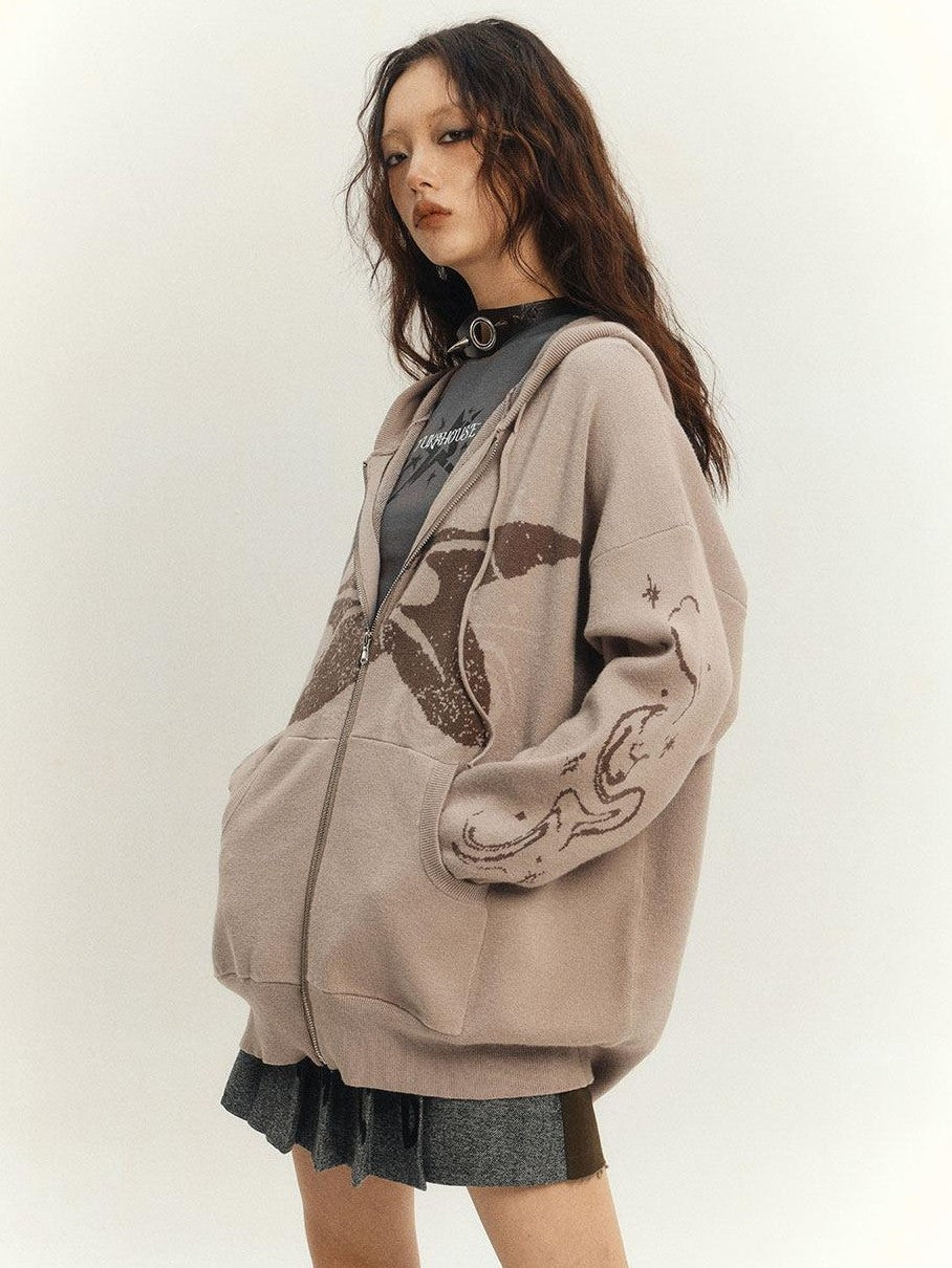 YUKAHOUSE Khaki Stand Collar Knit Loose Pocket Women's Viscose Blend Zip-up Hoodies