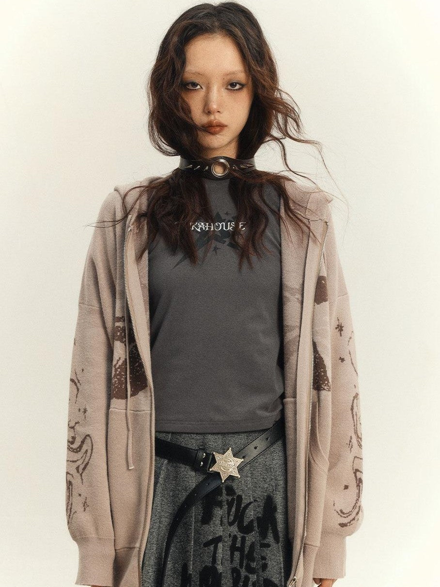 YUKAHOUSE Khaki Stand Collar Knit Loose Pocket Women's Viscose Blend Zip-up Hoodies