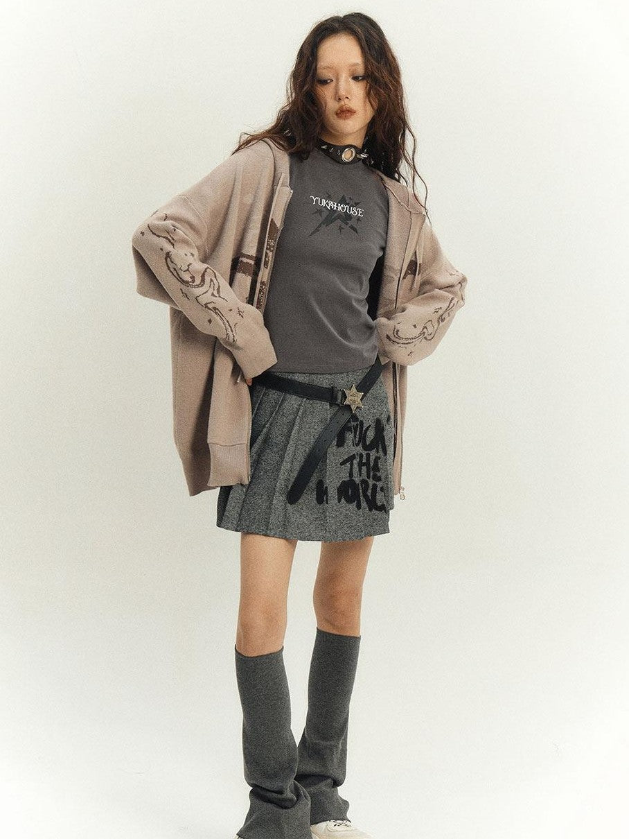 YUKAHOUSE Khaki Stand Collar Knit Loose Pocket Women's Viscose Blend Zip-up Hoodies