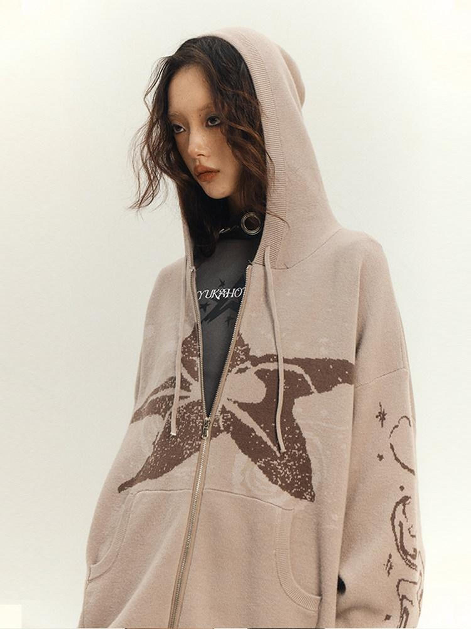 YUKAHOUSE Khaki Stand Collar Knit Loose Pocket Women's Viscose Blend Zip-up Hoodies