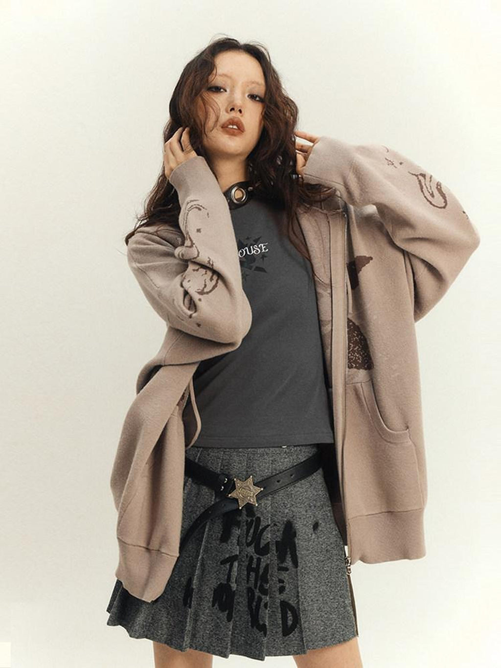 YUKAHOUSE Khaki Stand Collar Knit Loose Pocket Women's Viscose Blend Zip-up Hoodies