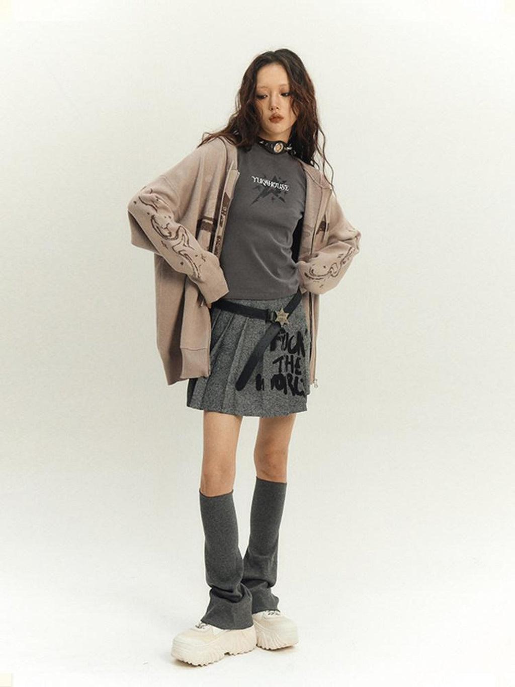 YUKAHOUSE Khaki Stand Collar Knit Loose Pocket Women's Viscose Blend Zip-up Hoodies