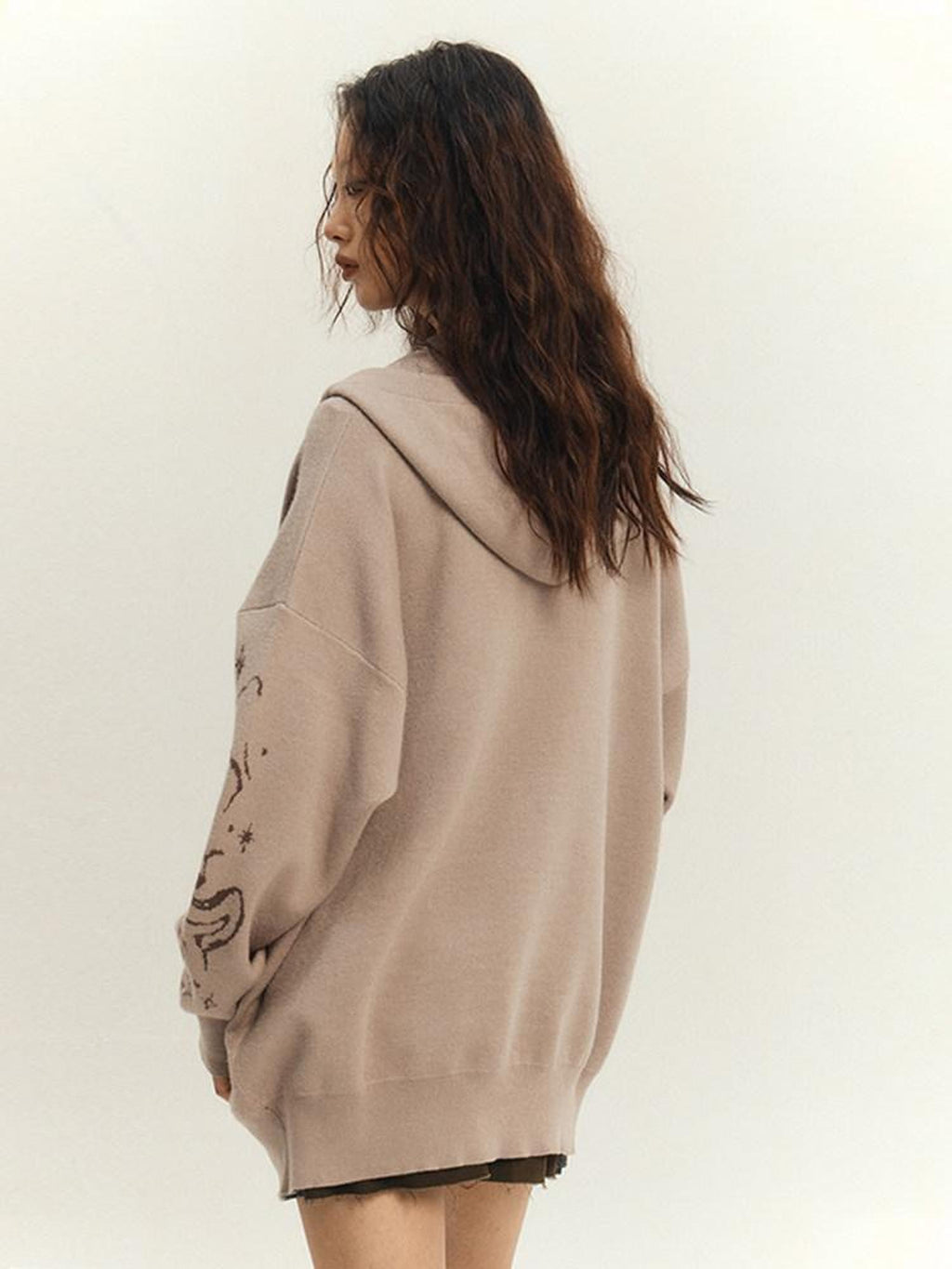 YUKAHOUSE Khaki Stand Collar Knit Loose Pocket Women's Viscose Blend Zip-up Hoodies