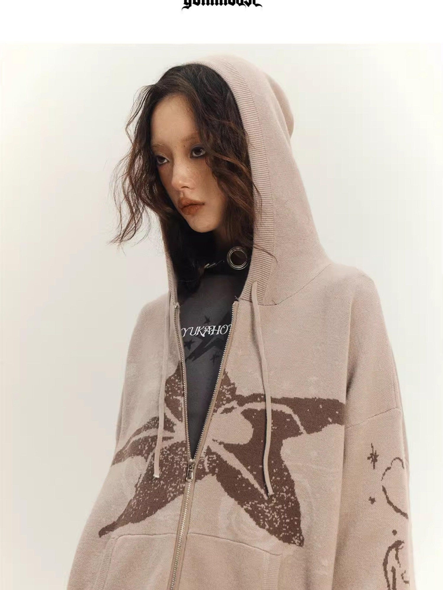 YUKAHOUSE Khaki Stand Collar Knit Loose Pocket Women's Viscose Blend Zip-up Hoodies