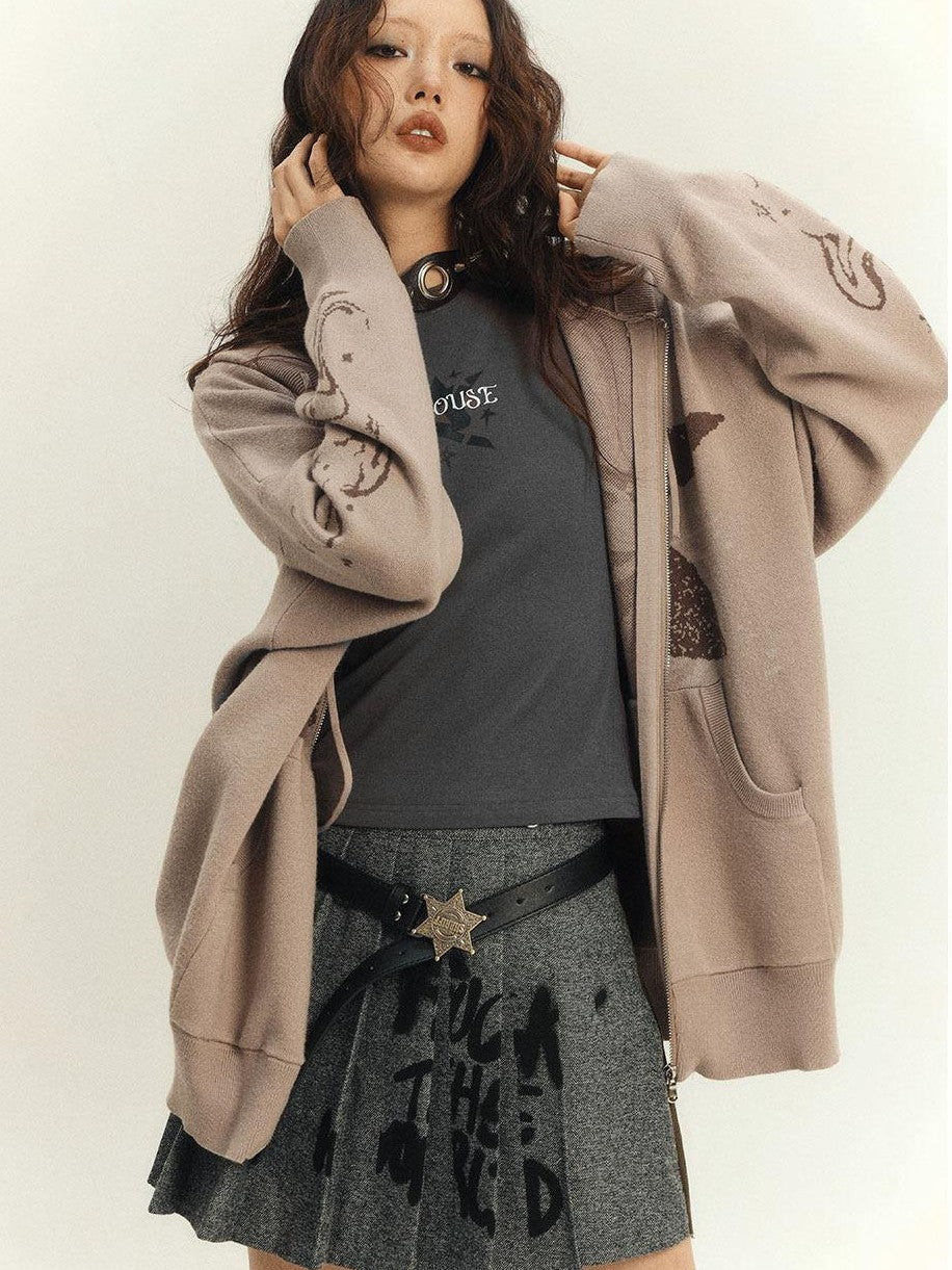 YUKAHOUSE Khaki Stand Collar Knit Loose Pocket Women's Viscose Blend Zip-up Hoodies