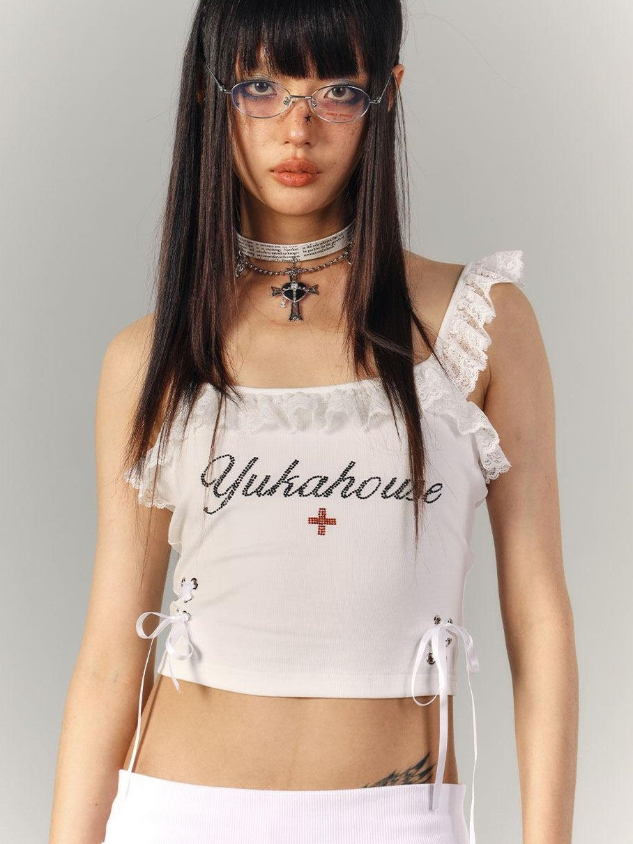 YUKAHOUSE Lace Embroidered Cropped Spaghetti Strap Women's Cotton Spandex Camisoles