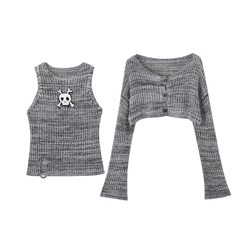 YUKAHOUSE_Light_Gray_Skull_Distressed_Slouchy_Knit_Women's_Polyester_Cropped_Cardigans_836408176414_MISSTT