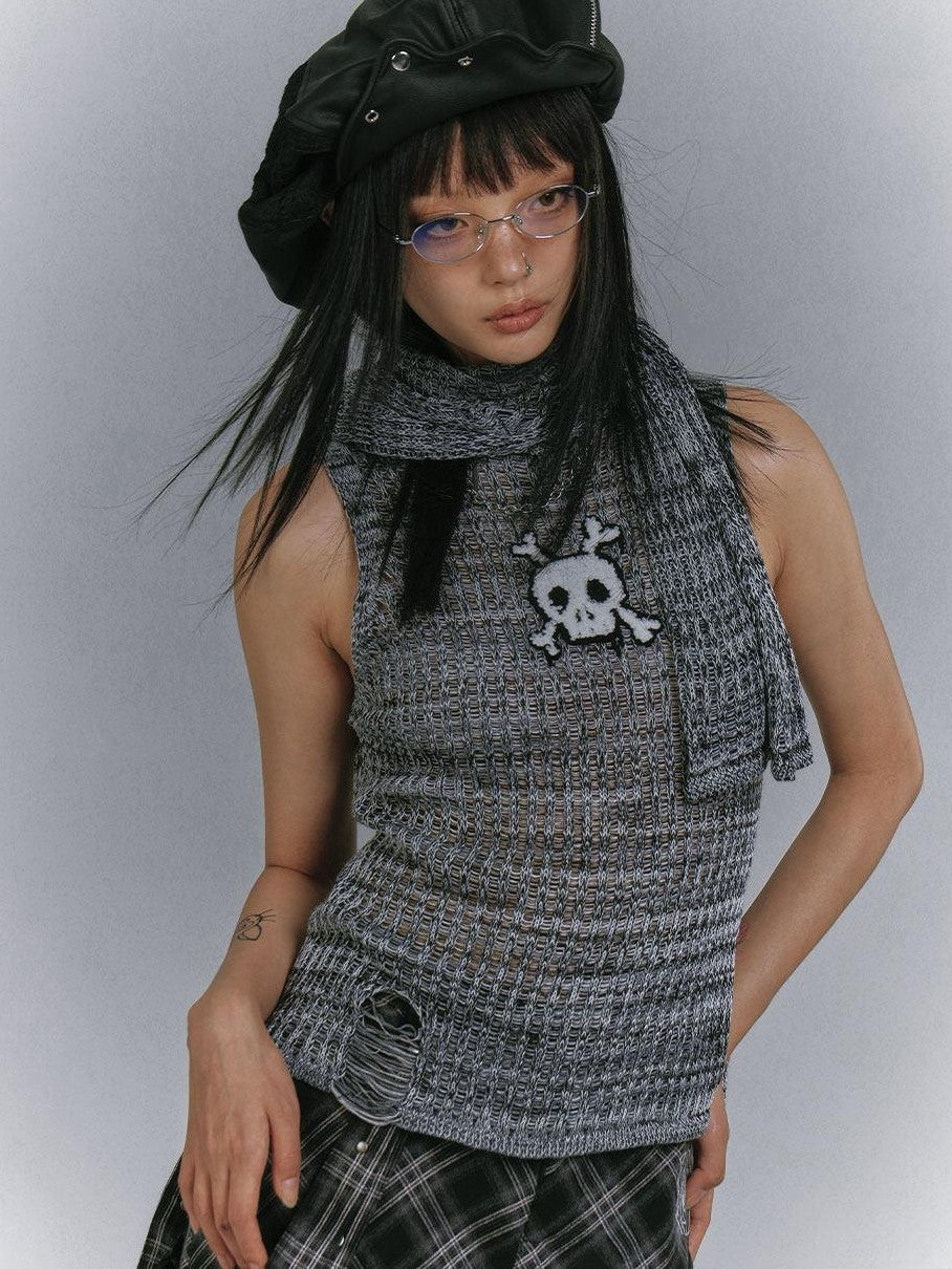 YUKAHOUSE Light Gray Skull Distressed Slouchy Knit Women's Polyester Cropped Cardigans