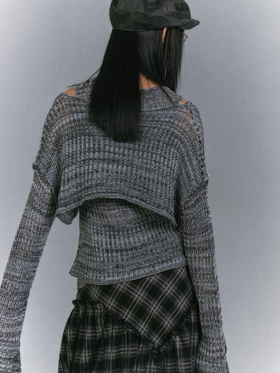 YUKAHOUSE Light Gray Skull Distressed Slouchy Knit Women's Polyester Cropped Cardigans