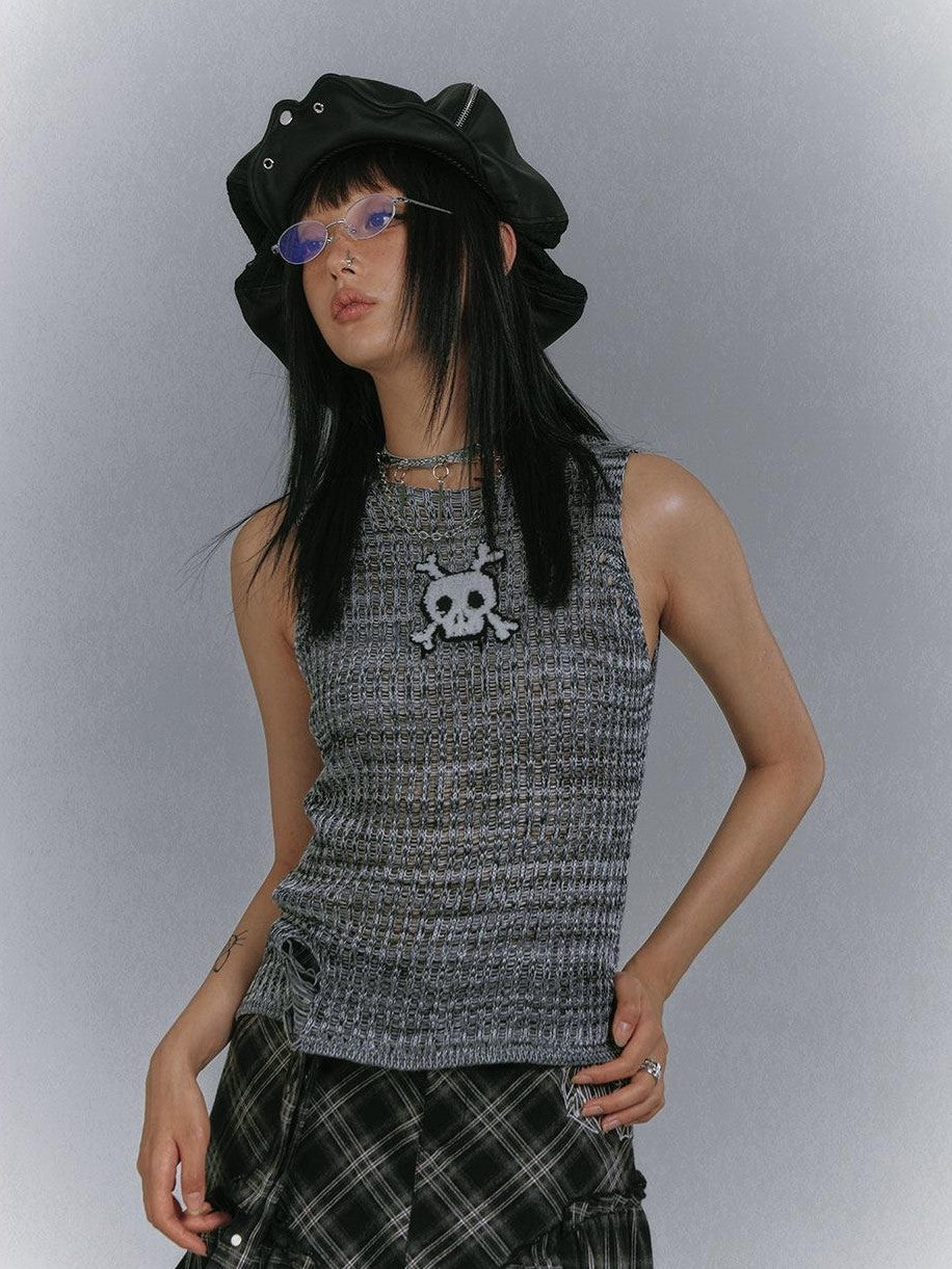 YUKAHOUSE Light Gray Skull Distressed Slouchy Knit Women's Polyester Cropped Cardigans