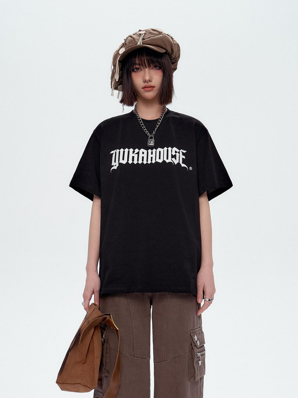 YUKAHOUSE Logo Print Loose Fit Round Neck Women's Combed Cotton Short Sleeve T-shirts