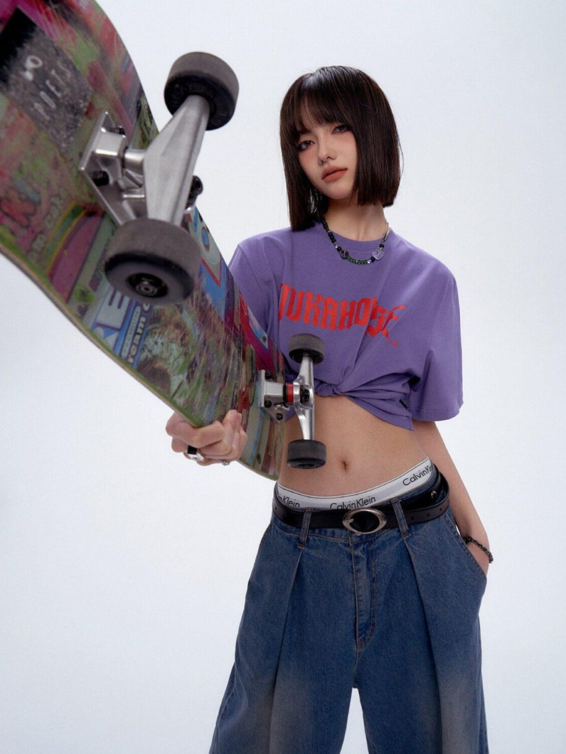 YUKAHOUSE Logo Print Loose Fit Round Neck Women's Combed Cotton Short Sleeve T-shirts