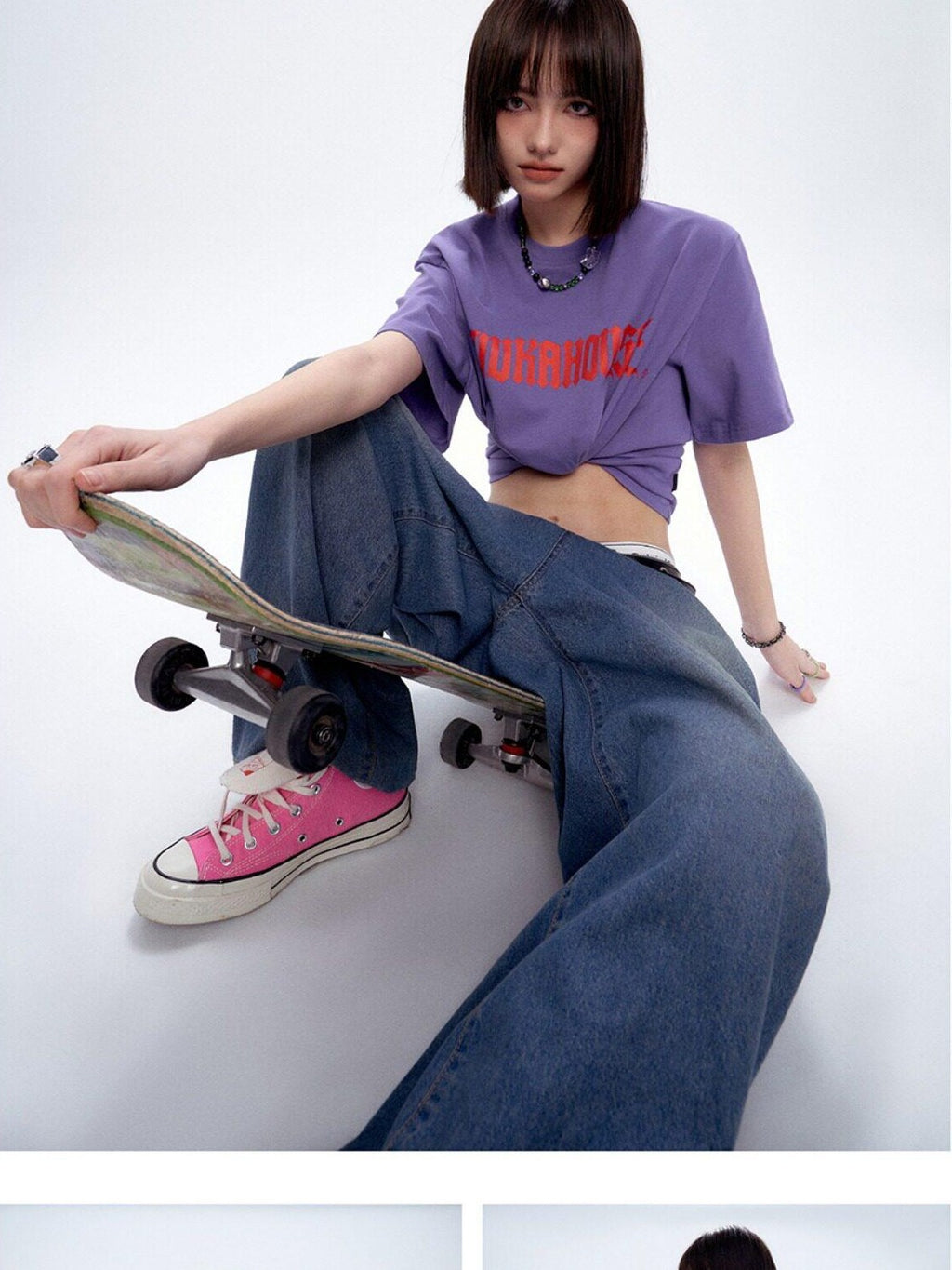 YUKAHOUSE Logo Print Loose Fit Round Neck Women's Combed Cotton Short Sleeve T-shirts