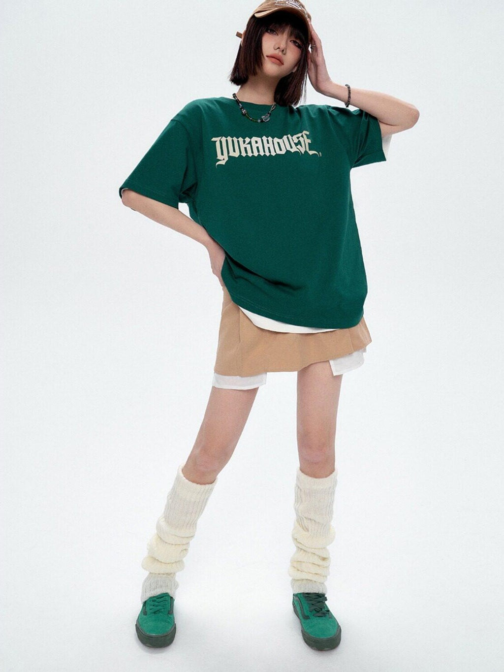 YUKAHOUSE Logo Print Loose Fit Round Neck Women's Combed Cotton Short Sleeve T-shirts