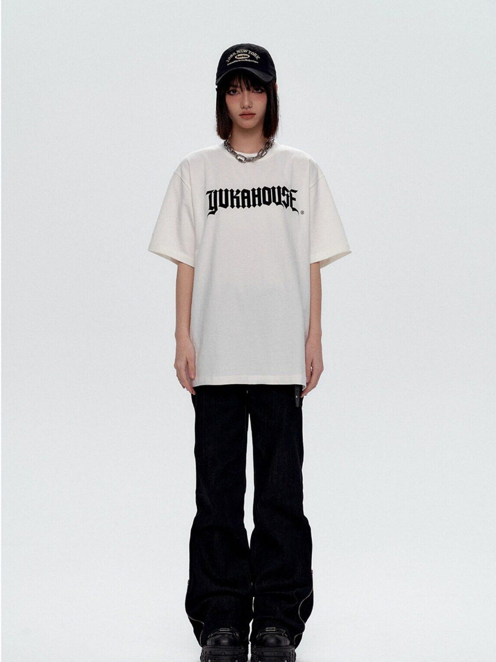 YUKAHOUSE Logo Print Loose Fit Round Neck Women's Combed Cotton Short Sleeve T-shirts