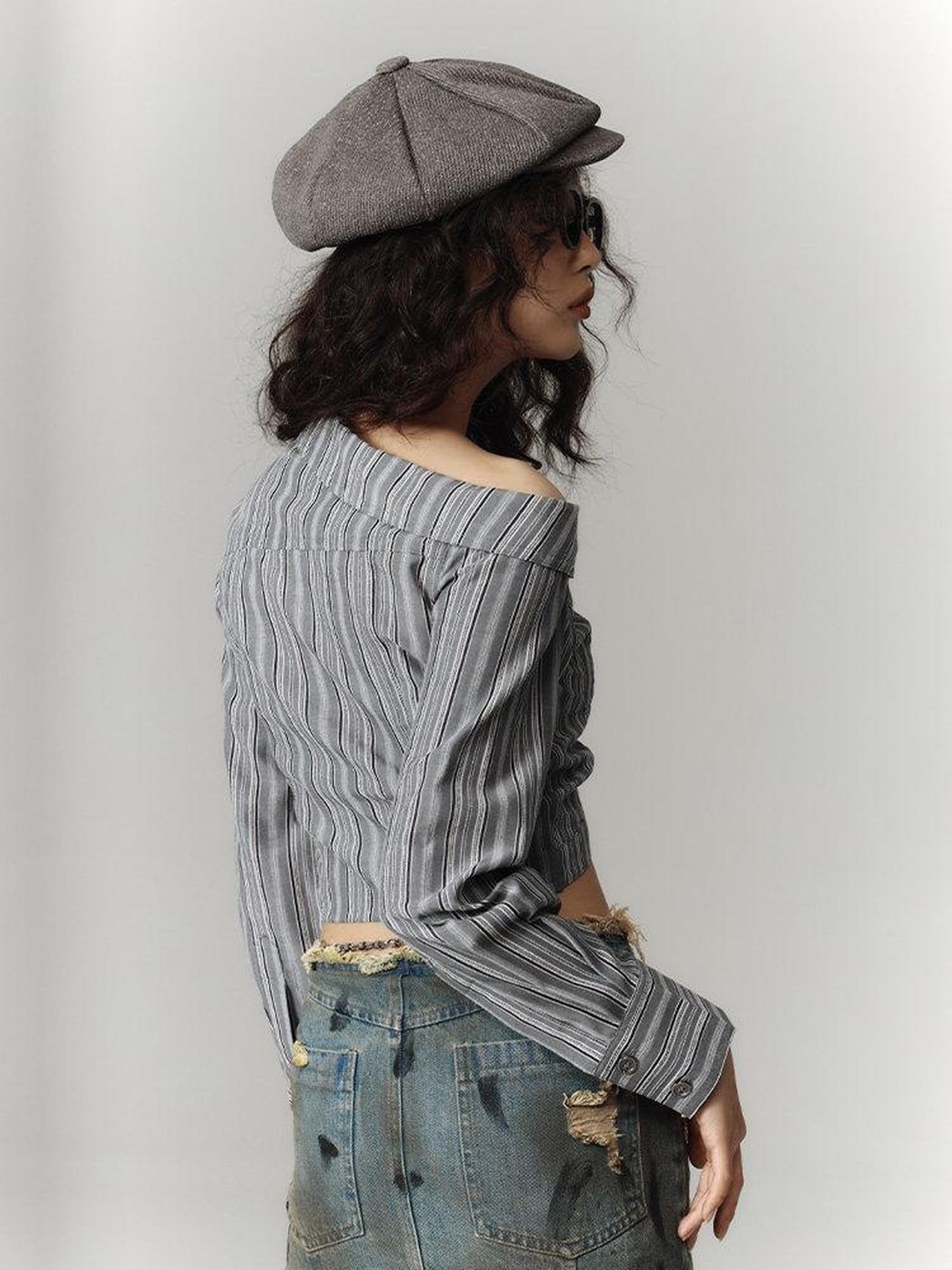 YUKAHOUSE Off Shoulder Cropped Cinched Waist Women's Cotton Blend Long Sleeve T-shirts