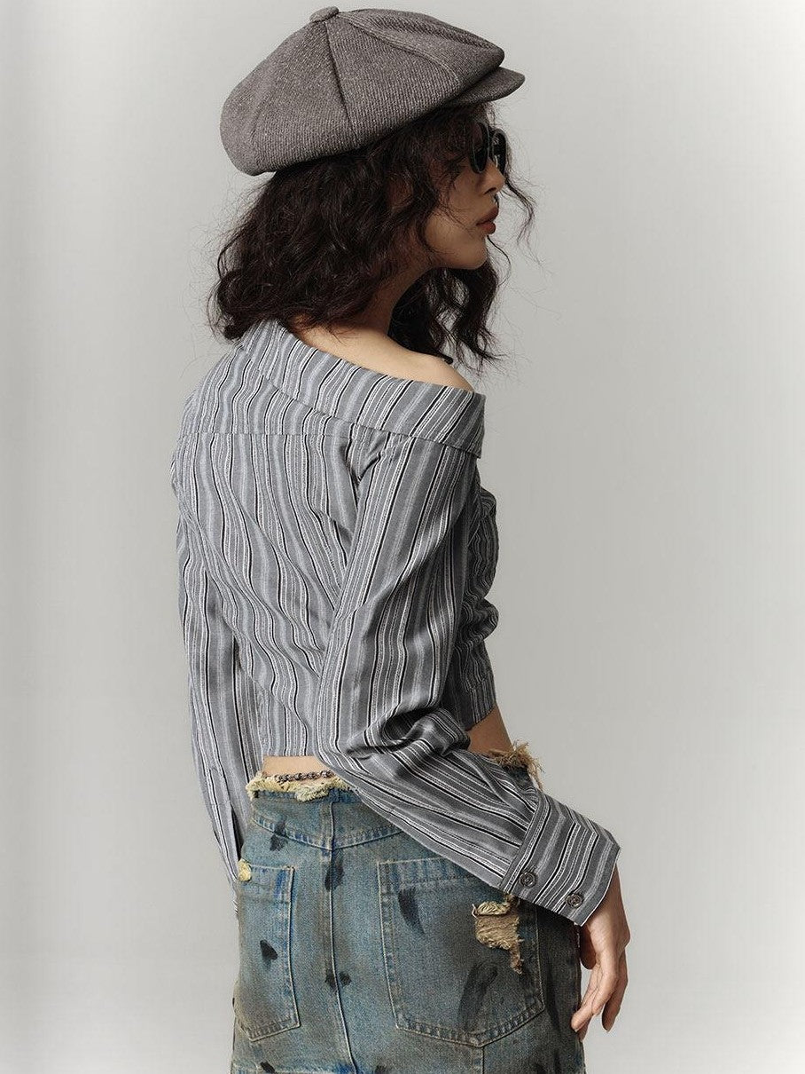 YUKAHOUSE Off Shoulder Cropped Cinched Waist Women's Cotton Blend Long Sleeve T-shirts