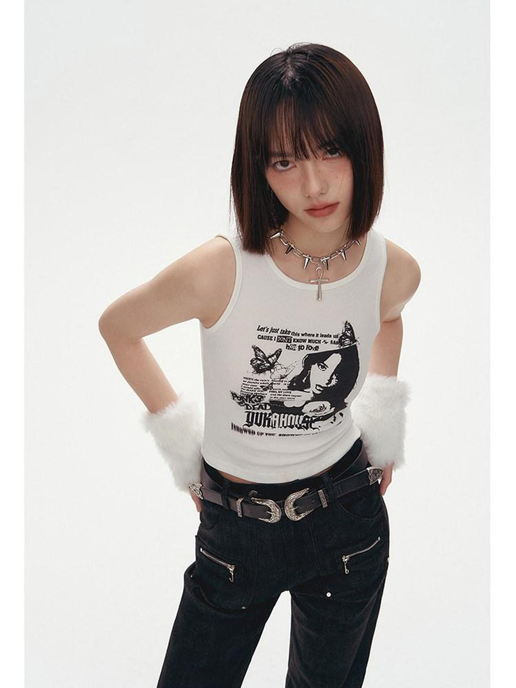 YUKAHOUSE Off Shoulder Punk Print Cropped Slim Women's Cotton Tank Tops