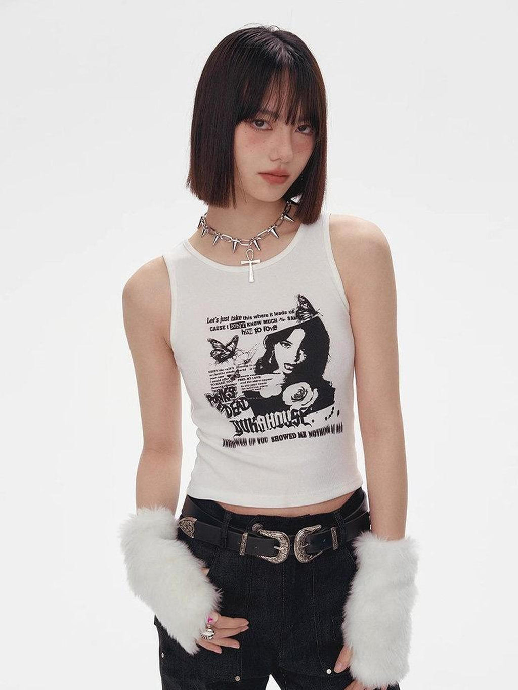 YUKAHOUSE Off Shoulder Punk Print Cropped Slim Women's Cotton Tank Tops