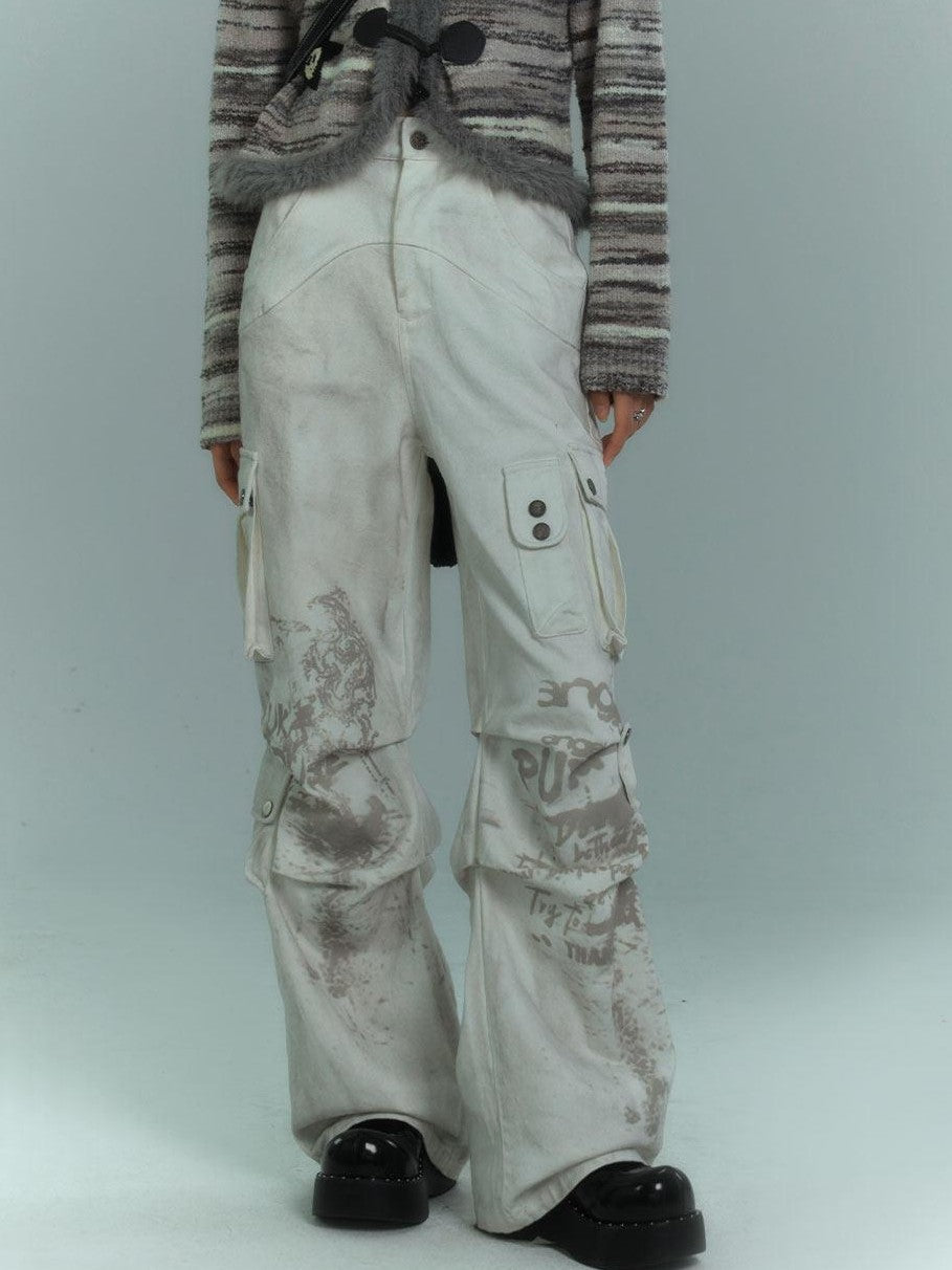 YUKAHOUSE Off White Distressed Pleated Multi Pocket Women's Pure Cotton Wide-leg Jeans