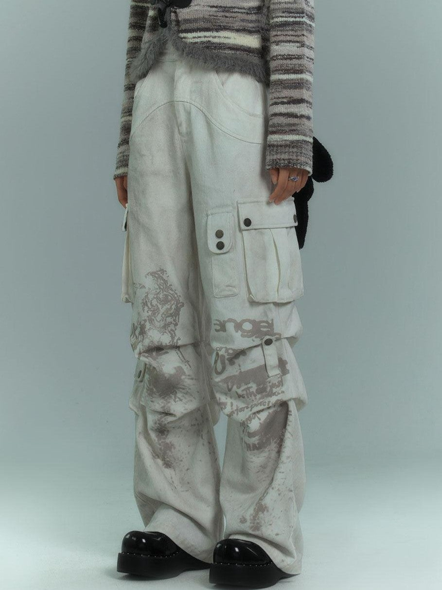 YUKAHOUSE Off White Distressed Pleated Multi Pocket Women's Pure Cotton Wide-leg Jeans