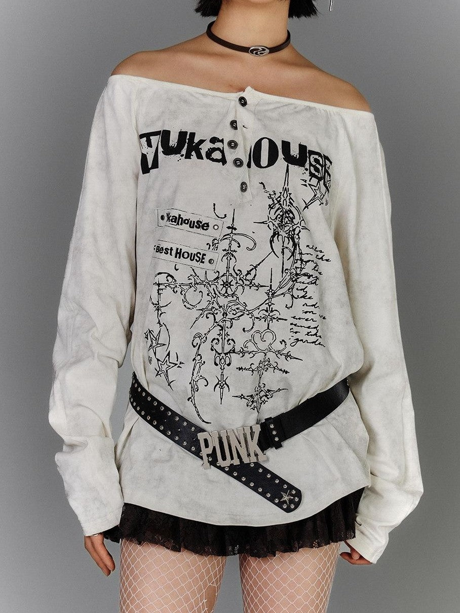 YUKAHOUSE One Shoulder Punk Print Henley Distressed Women's Cotton Off-shoulder T-shirts