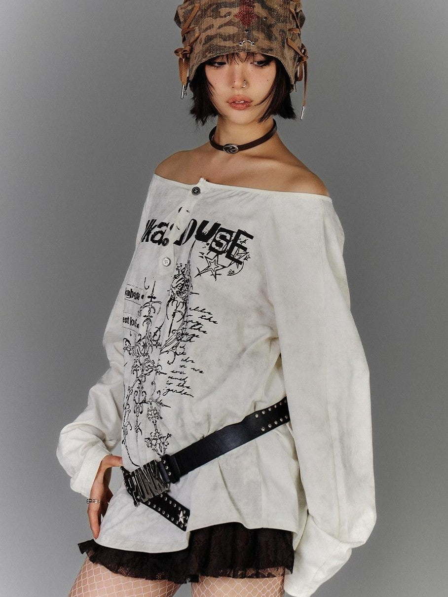 YUKAHOUSE One Shoulder Punk Print Henley Distressed Women's Cotton Off-shoulder T-shirts