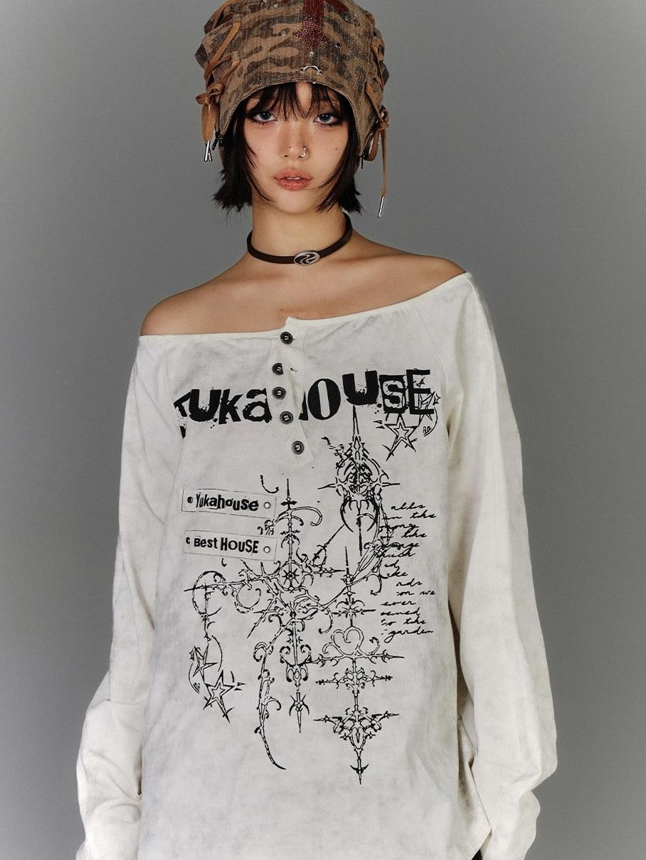 YUKAHOUSE One Shoulder Punk Print Henley Distressed Women's Cotton Off-shoulder T-shirts