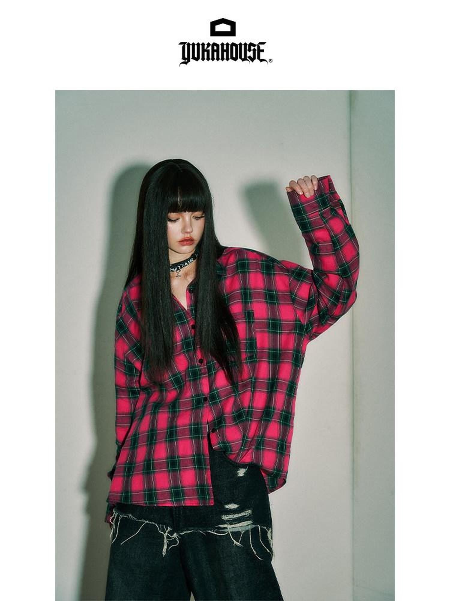 YUKAHOUSE Pink Blue Plaid Oversized Long Sleeve Women's Cotton Shirt Jackets