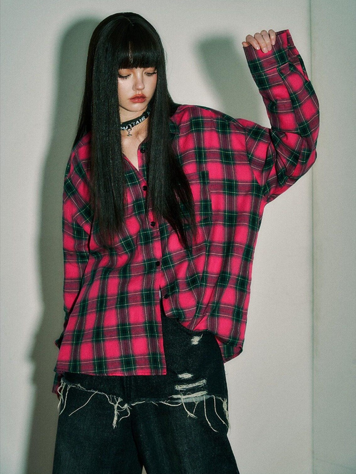 YUKAHOUSE Pink Blue Plaid Oversized Long Sleeve Women's Cotton Shirt Jackets