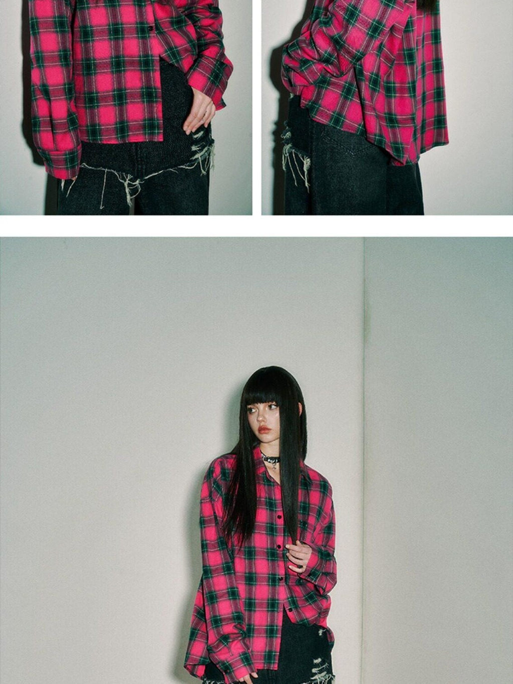 YUKAHOUSE Pink Blue Plaid Oversized Long Sleeve Women's Cotton Shirt Jackets
