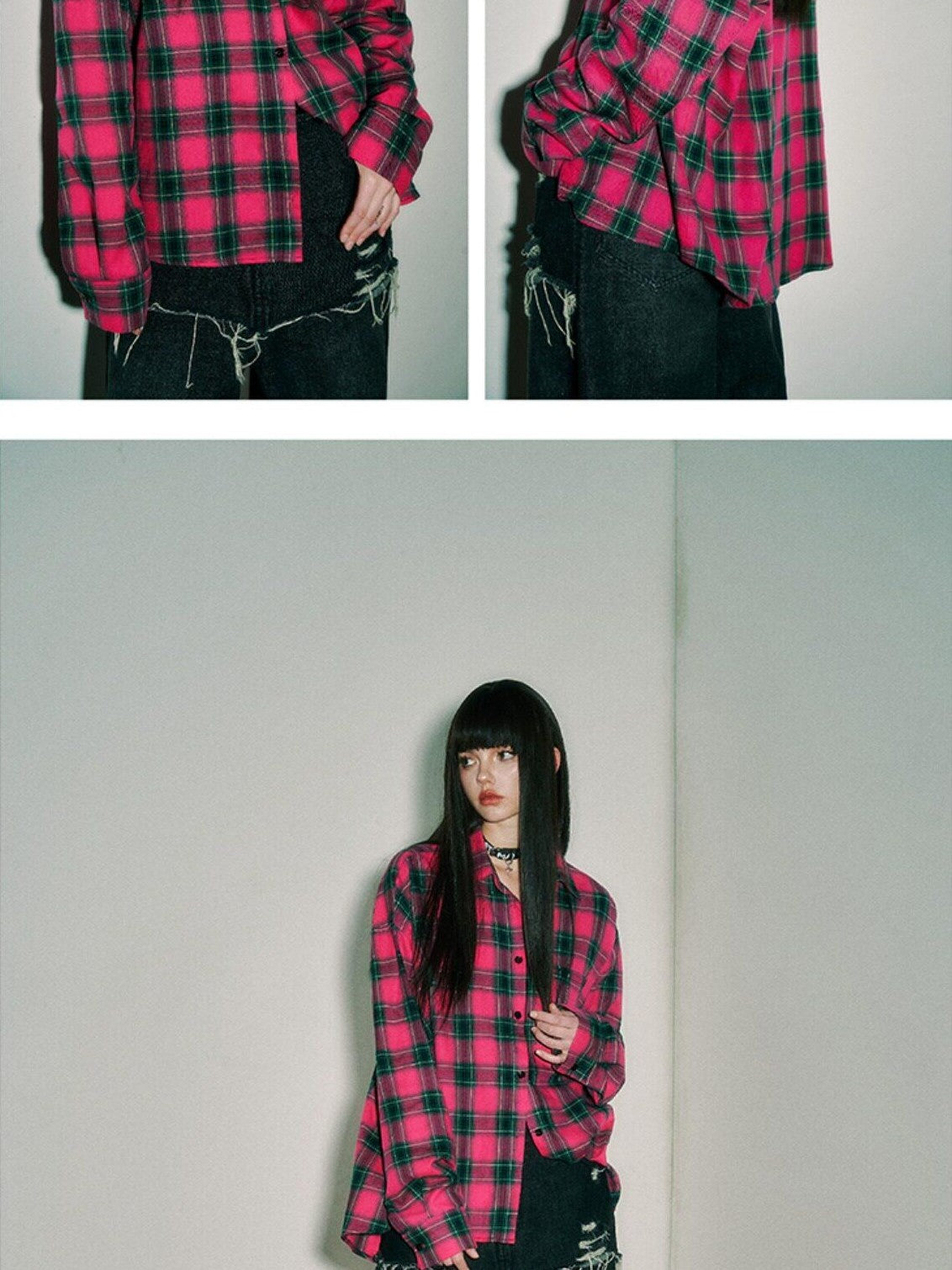 YUKAHOUSE Pink Blue Plaid Oversized Long Sleeve Women's Cotton Shirt Jackets