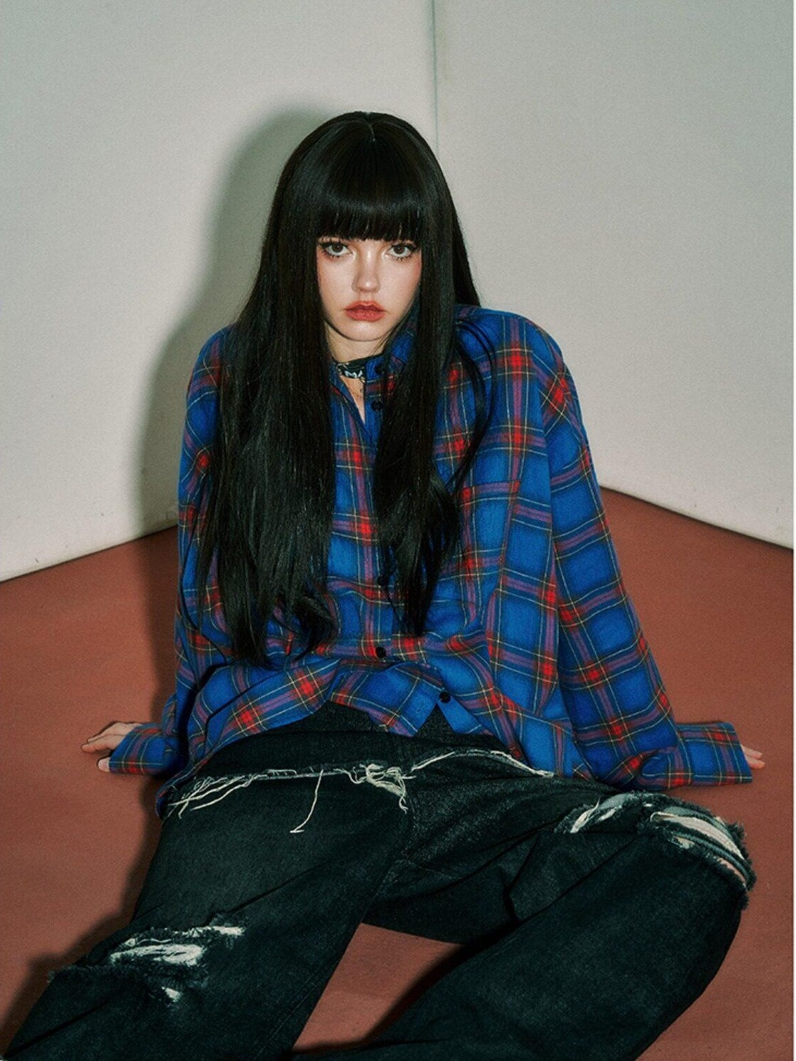 YUKAHOUSE Pink Blue Plaid Oversized Long Sleeve Women's Cotton Shirt Jackets