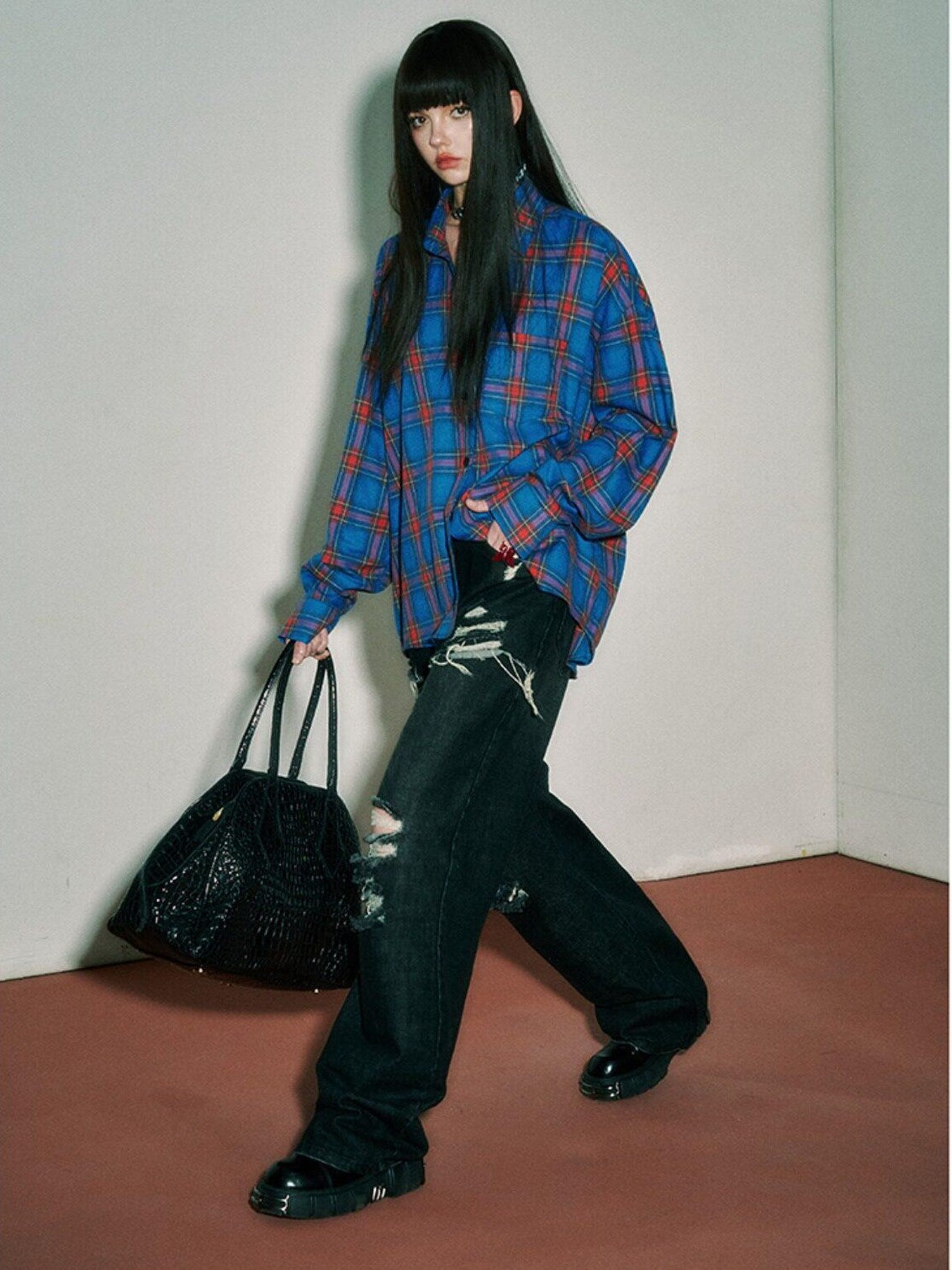 YUKAHOUSE Pink Blue Plaid Oversized Long Sleeve Women's Cotton Shirt Jackets