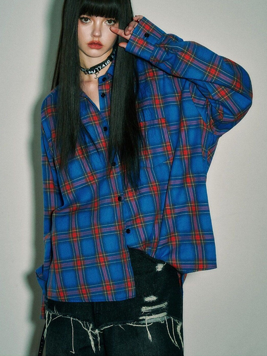 YUKAHOUSE Pink Blue Plaid Oversized Long Sleeve Women's Cotton Shirt Jackets