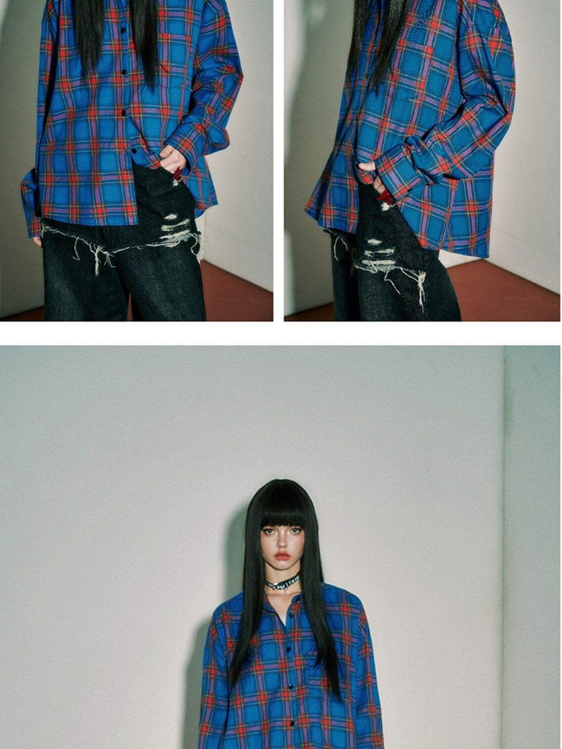 YUKAHOUSE Pink Blue Plaid Oversized Long Sleeve Women's Cotton Shirt Jackets