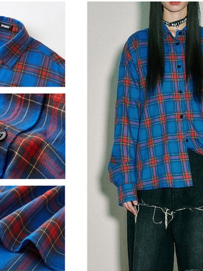 YUKAHOUSE Pink Blue Plaid Oversized Long Sleeve Women's Cotton Shirt Jackets