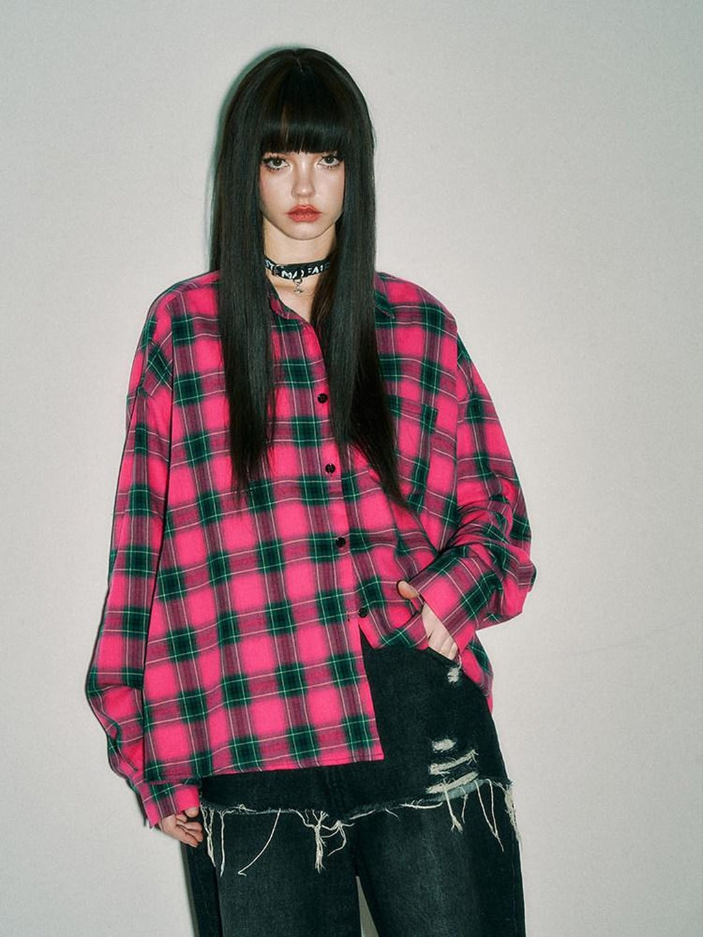 YUKAHOUSE Pink Blue Plaid Oversized Long Sleeve Women's Cotton Shirt Jackets
