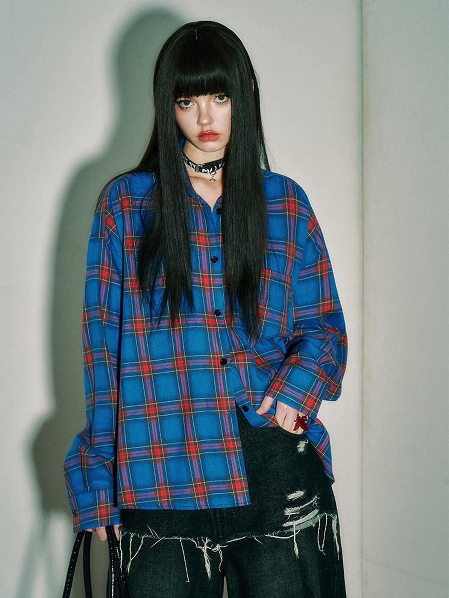 YUKAHOUSE Pink Blue Plaid Oversized Long Sleeve Women's Cotton Shirt Jackets