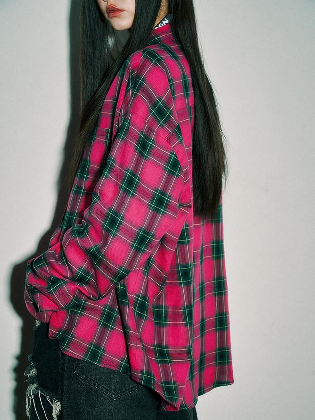 YUKAHOUSE Pink Blue Plaid Oversized Long Sleeve Women's Cotton Shirt Jackets