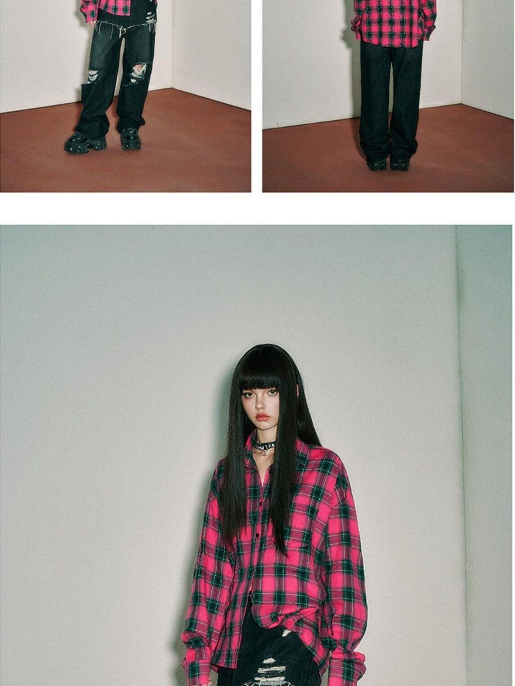 YUKAHOUSE Pink Blue Plaid Oversized Long Sleeve Women's Cotton Shirt Jackets
