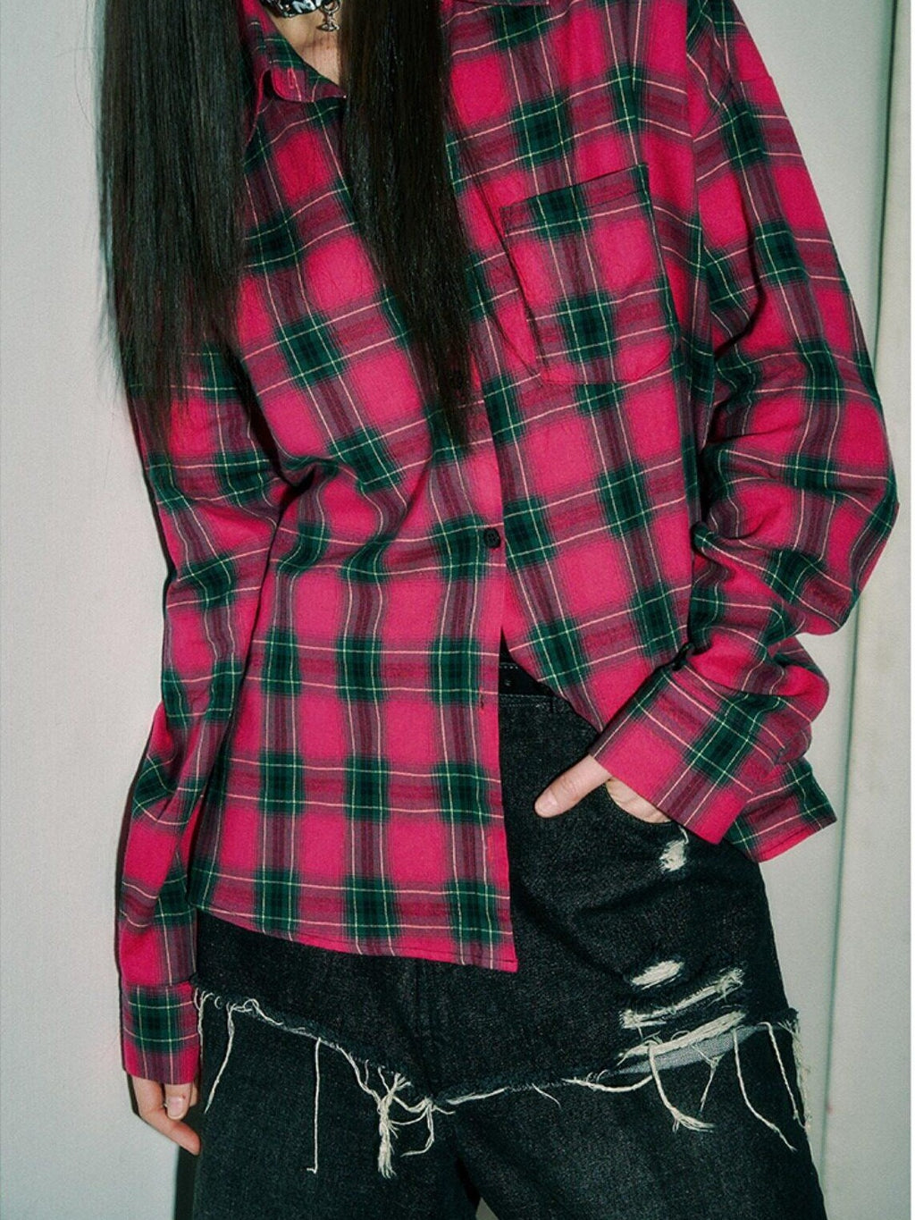 YUKAHOUSE Pink Blue Plaid Oversized Long Sleeve Women's Cotton Shirt Jackets