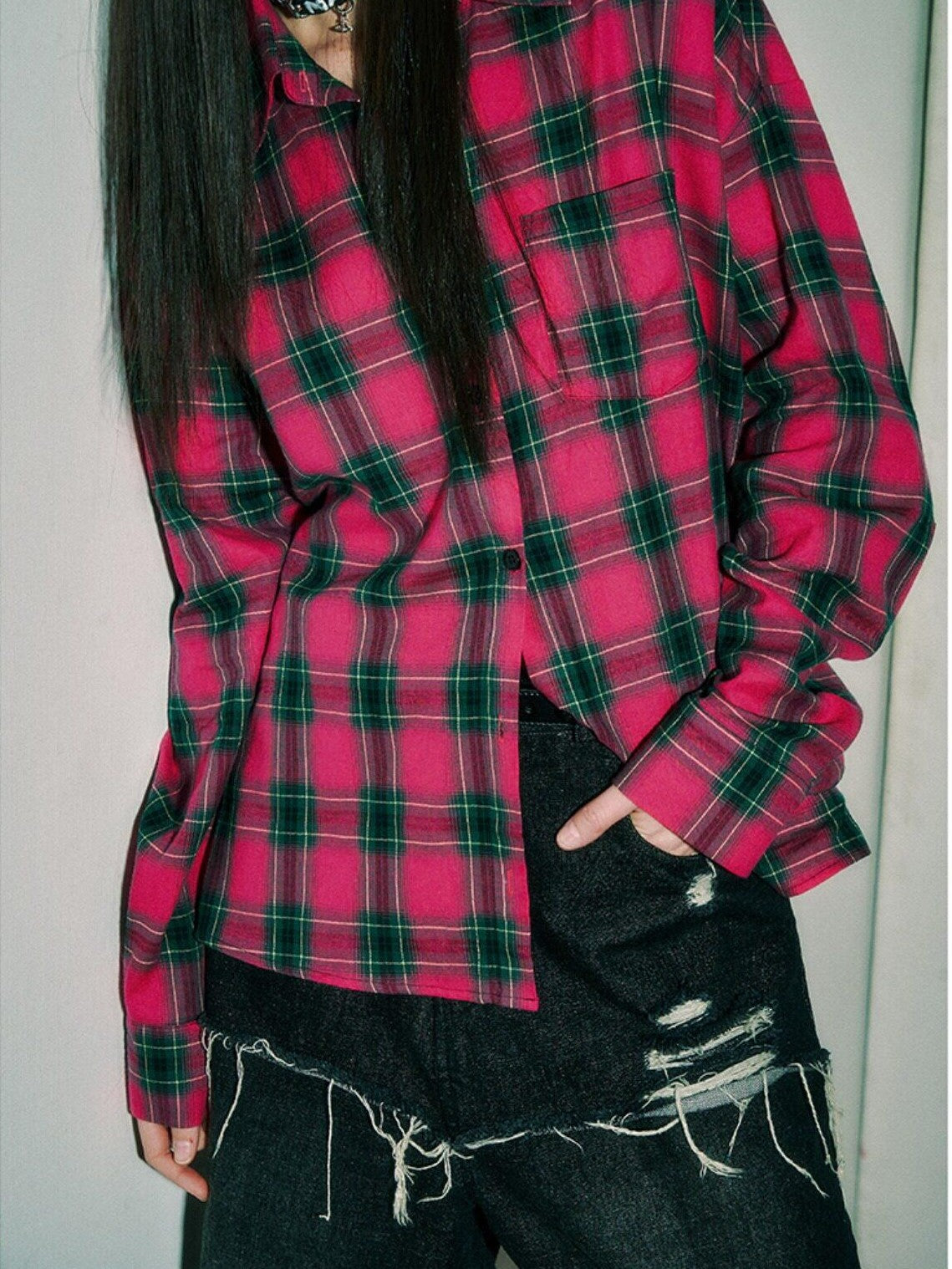 YUKAHOUSE Pink Blue Plaid Oversized Long Sleeve Women's Cotton Shirt Jackets