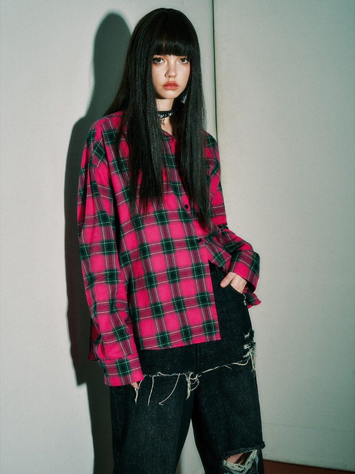 YUKAHOUSE Pink Blue Plaid Oversized Long Sleeve Women's Cotton Shirt Jackets