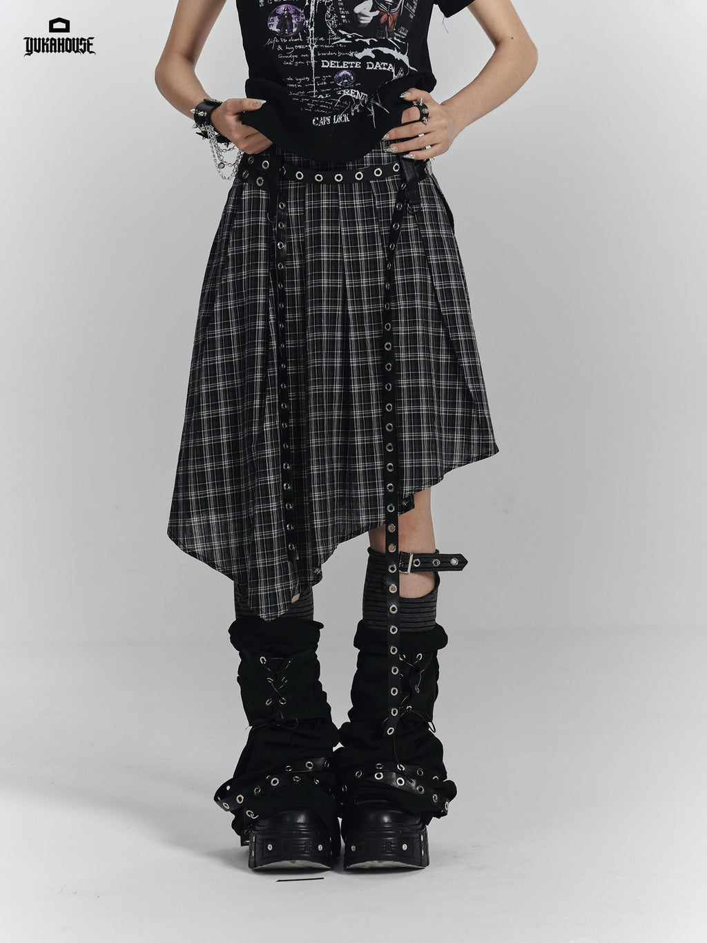 YUKAHOUSE Plaid Asymmetrical Gothic Punk High Waist Women's Cotton A-line Skirts