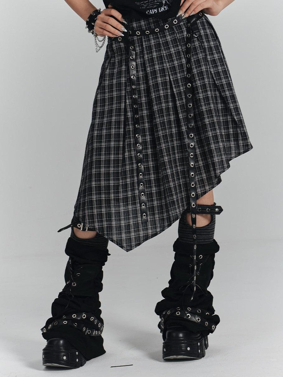 YUKAHOUSE Plaid Asymmetrical Gothic Punk High Waist Women's Cotton A-line Skirts