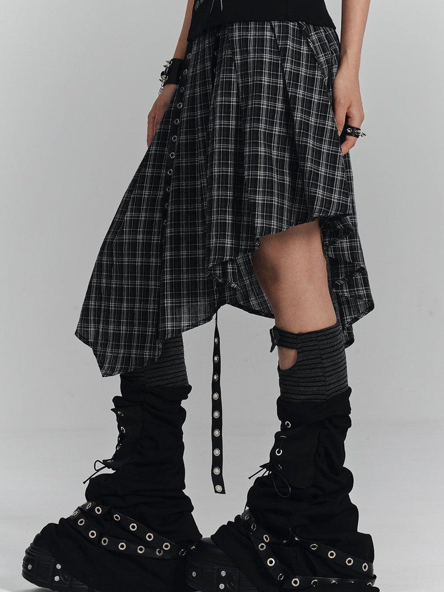 YUKAHOUSE Plaid Asymmetrical Gothic Punk High Waist Women's Cotton A-line Skirts