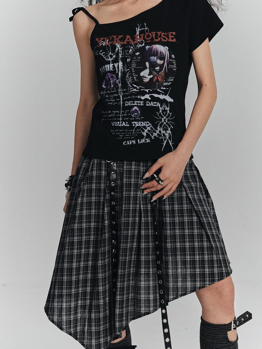 YUKAHOUSE Plaid Asymmetrical Gothic Punk High Waist Women's Cotton A-line Skirts